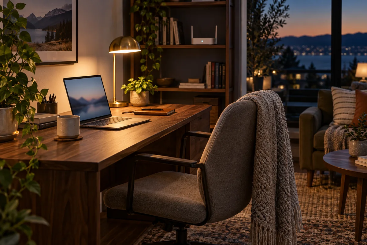 A welcoming home office with a laptop, warm desk lamp, and Wi-Fi router.