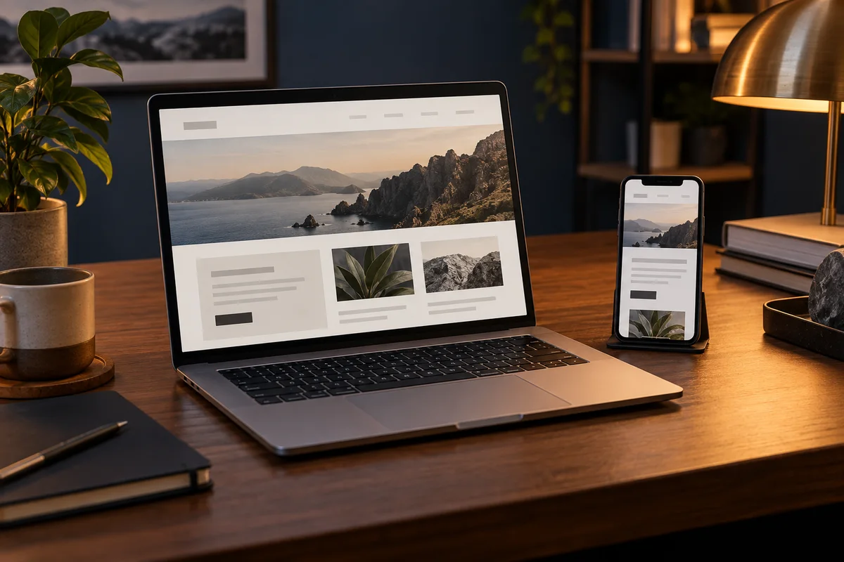 A website layout displayed on a laptop and phone in a warmly lit workspace.